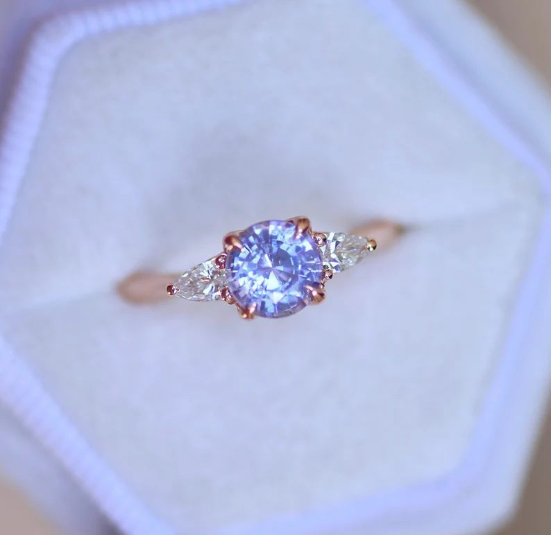 925 Sterling Silver Pastel Purple Sapphire and Pear Shape Diamonds Engagement Ring