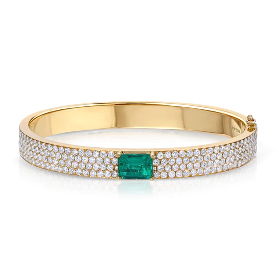 925 Sterling Silver Pave Diamond Oval Bracelet With Emerald Center Stone