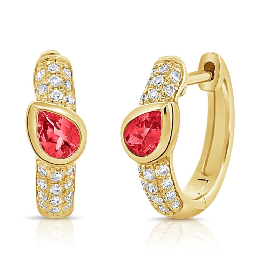 925 Sterling Silver Pave Diamond Ruby Pear Hoop Earring