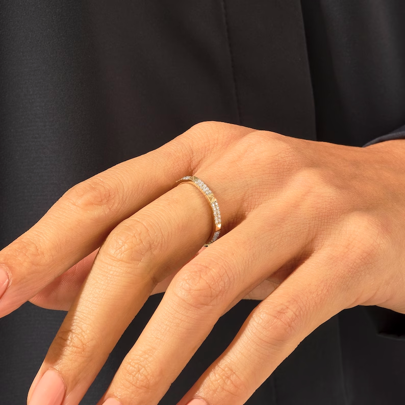925 Sterling Silver Pave Diamond Spike Ring | 2MM Pyramid Stackable Ring | Slim Pointy 925 Sterling Silver Matching Ring