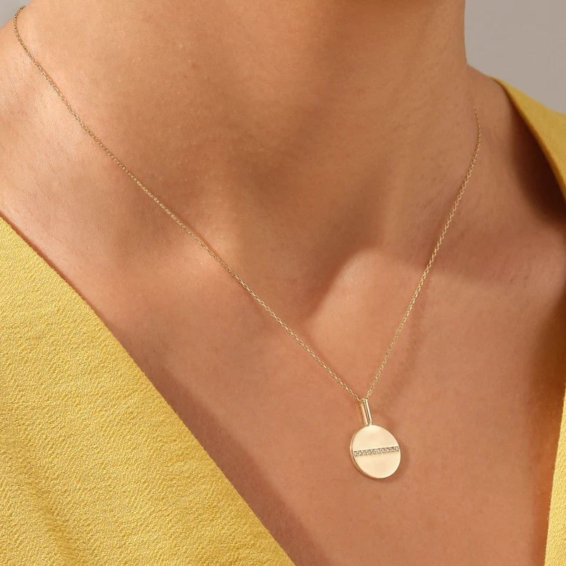 925 Sterling Silver Pave Line Diamond Disc Necklace- Minimal Round Geometric Pendant