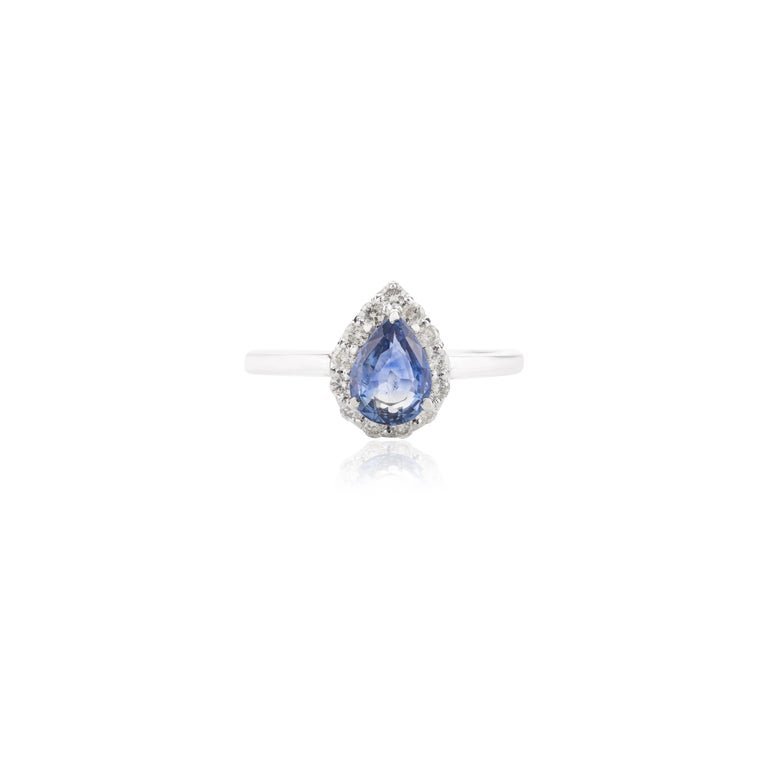 925 Sterling Silver Pear Cut Blue Sapphire & Halo Diamond Ring