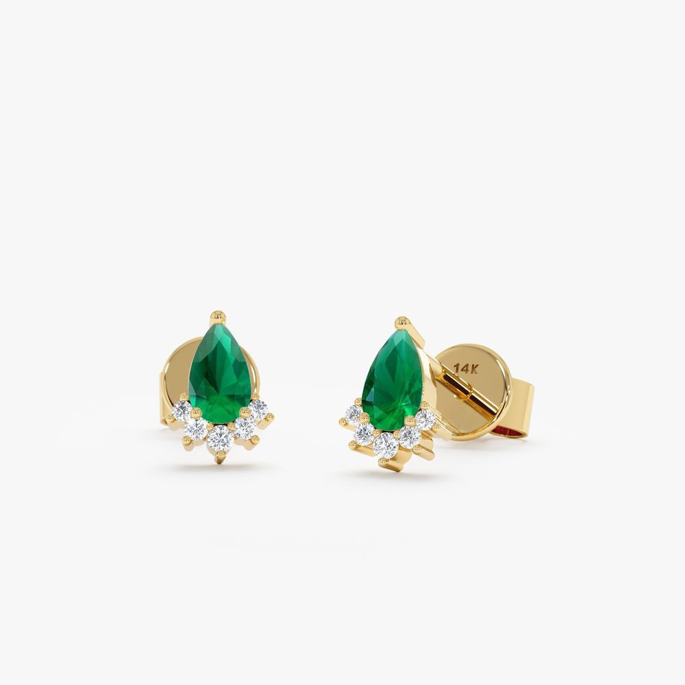 Pear cut emerald and diamond stud earrings in 925 sterling silver