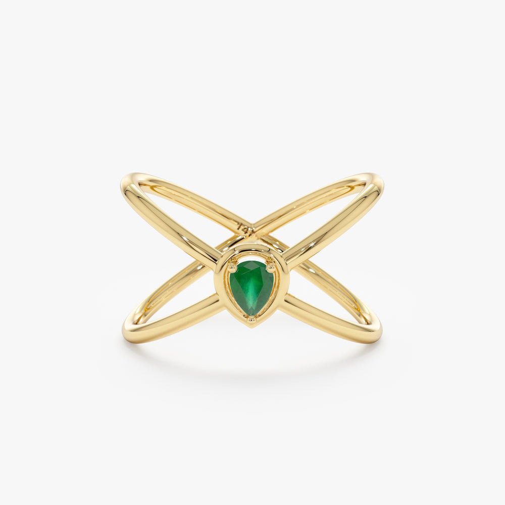 925 Sterling Silver Pear Cut Emerald X Ring