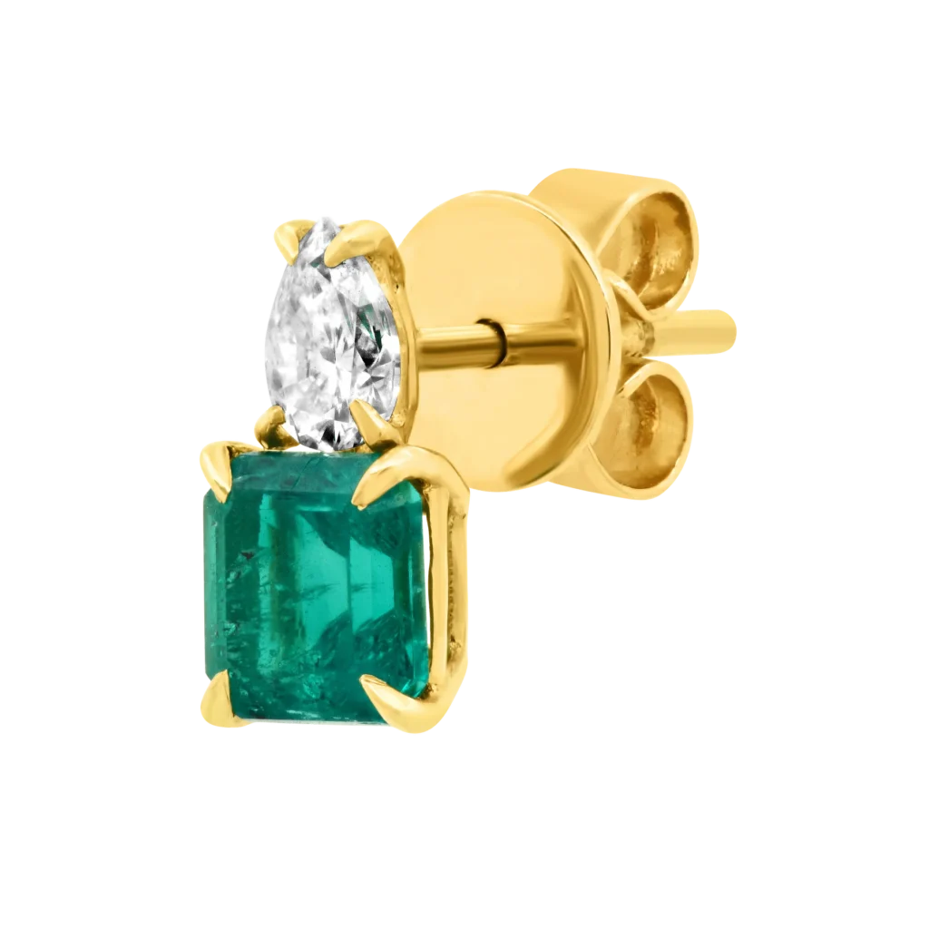 925 Sterling Silver Pear Diamond Stud & Emerald Cut Emerald