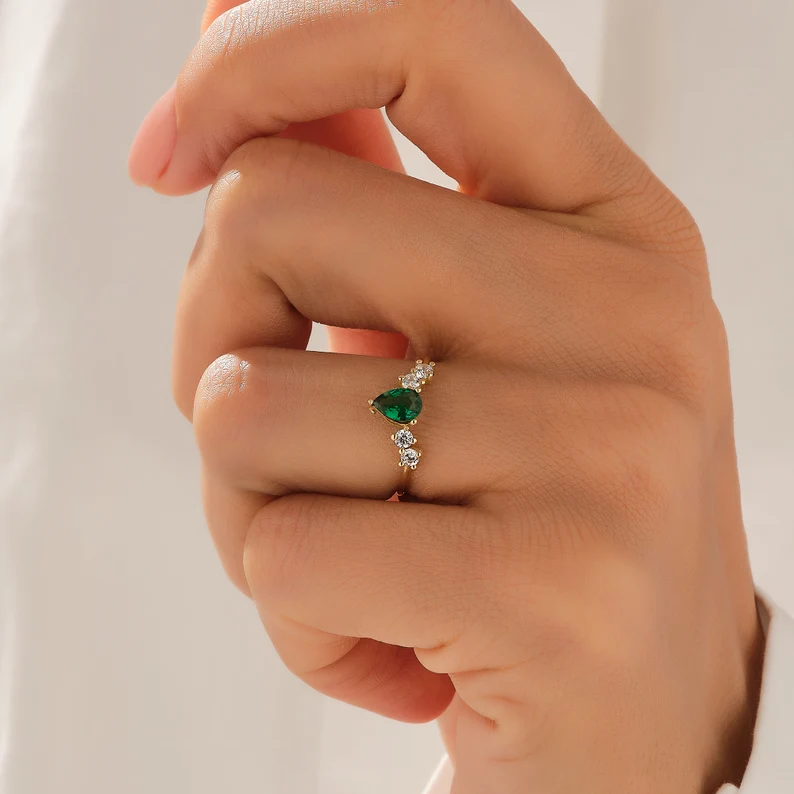 925 Sterling Silver Pear Emerald Anniversary Ring