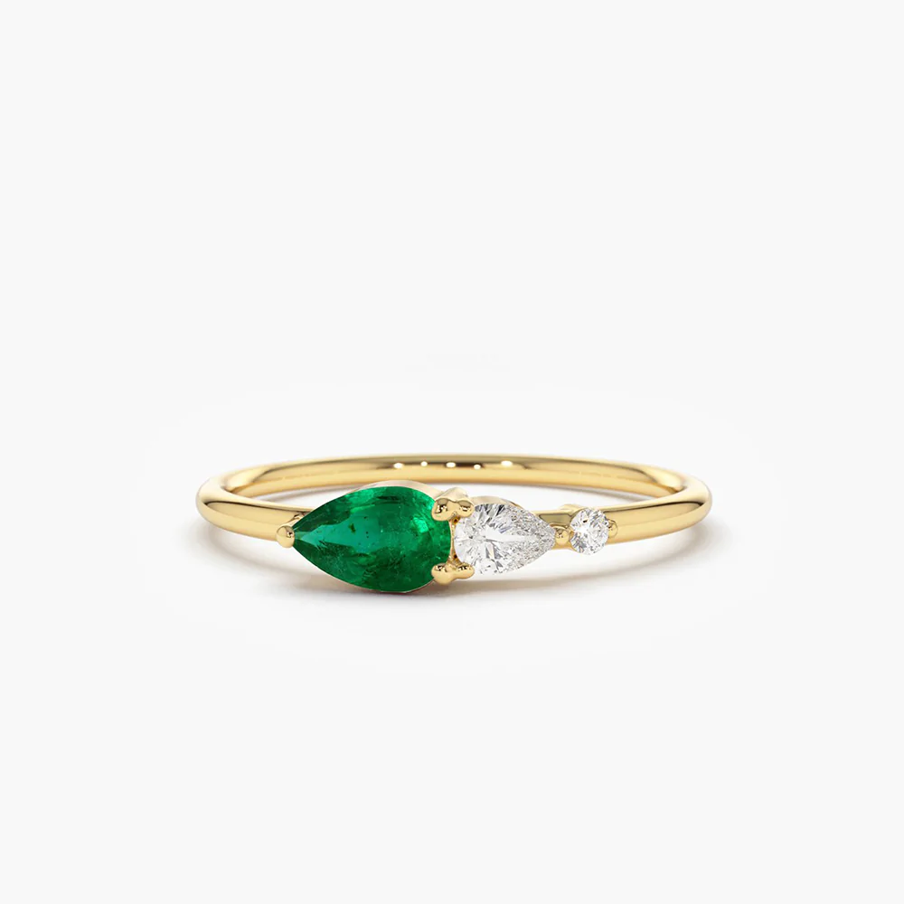 925 Sterling Silver Pear Shape Emerald and Diamond Ring