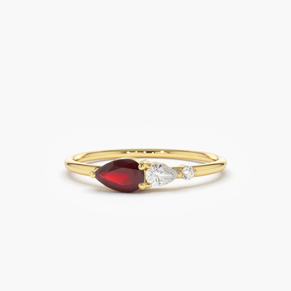 925 Sterling Silver Pear Shape Ruby with Pear Shape Diamond Ring