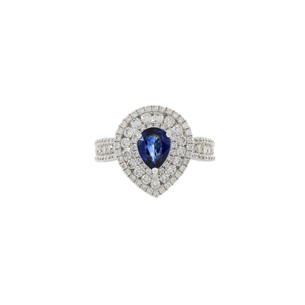 925 Sterling Silver Pear Shaped Blue Sapphire and Diamond Ring