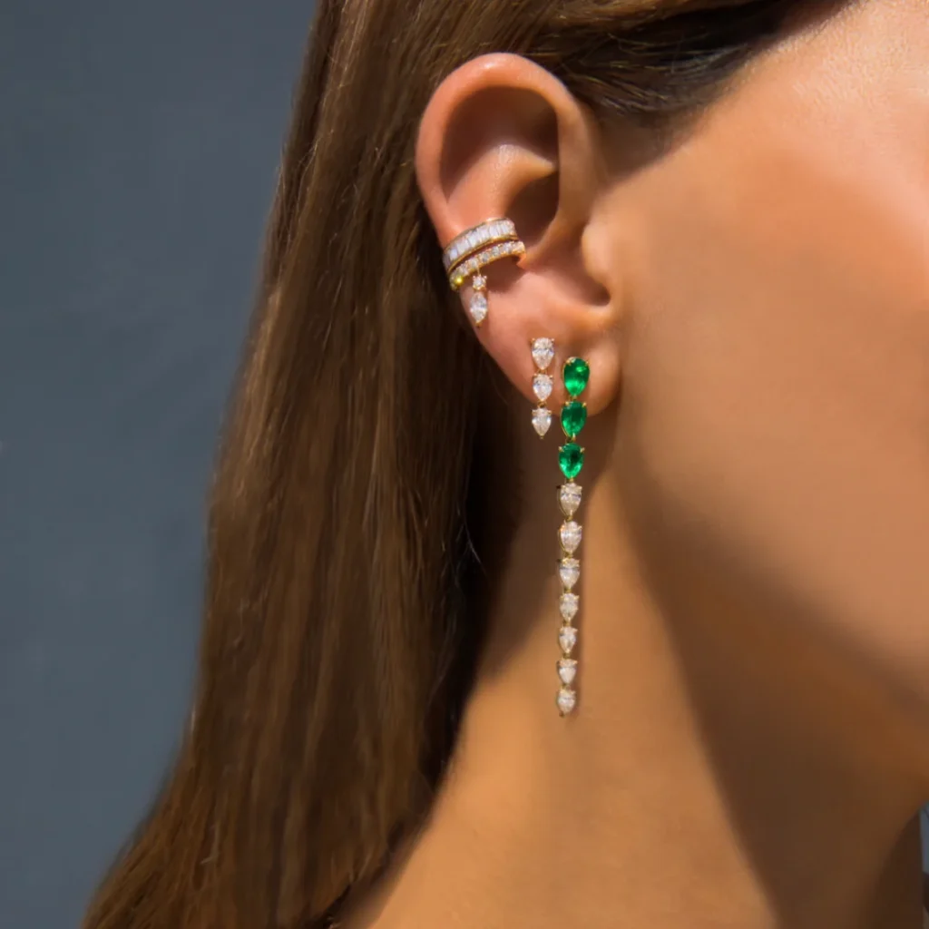 925 Sterling Silver Pear Shaped Emerald And Diamond Drop Earrings
