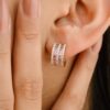 925 Sterling Silver Pink Sapphire & Diamond Huggie Hoop Earring - Image 2