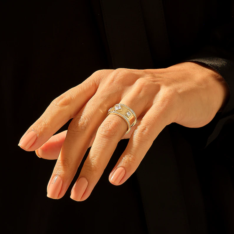 925 Sterling Silver Princess Diamond Bold Wedding Band: Unique Cigar Ring for Women