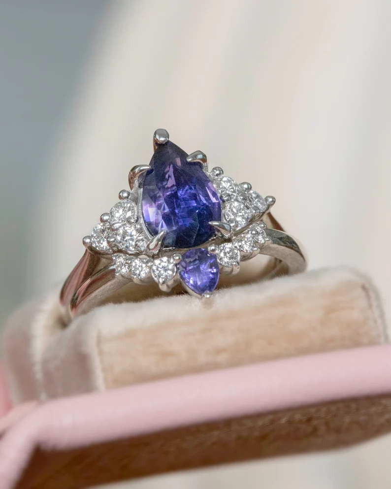 925 Sterling Silver Purple Sapphire Engagement Ring Set Diamonds