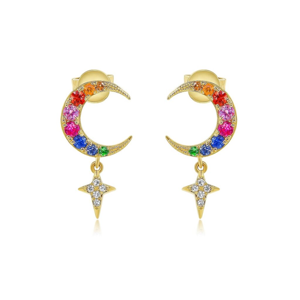 925 Sterling Silver Rainbow Moon and Star Drop Earring