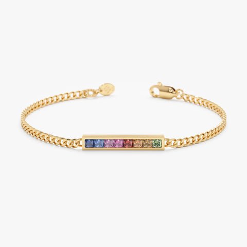 925 Sterling Silver Rainbow Sapphire Cuban Chain Bar Bracelet