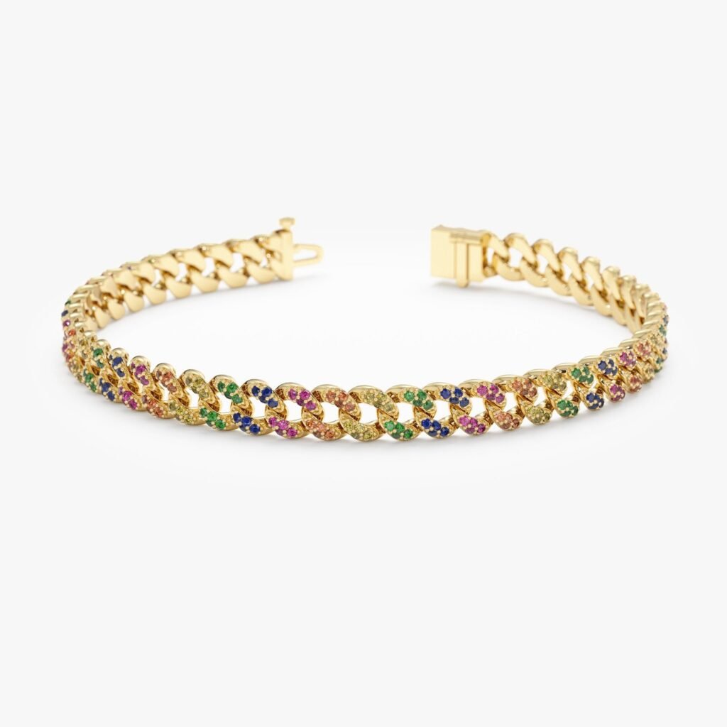 925 Sterling Silver Rainbow Sapphire Cuban Chain Bracelet - 5 mm