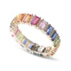 925 Sterling Silver Rainbow Sapphire Emerald Cut With Diamond Eternity Band