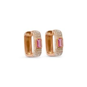 925 Sterling Silver Rectangle Pave Diamond Emerald Cut Pink Sapphire Hoop Earring