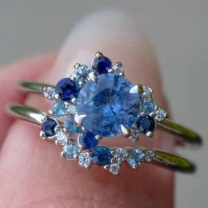 925 Sterling Silver Round Blue Sapphire Diamond Ring Set