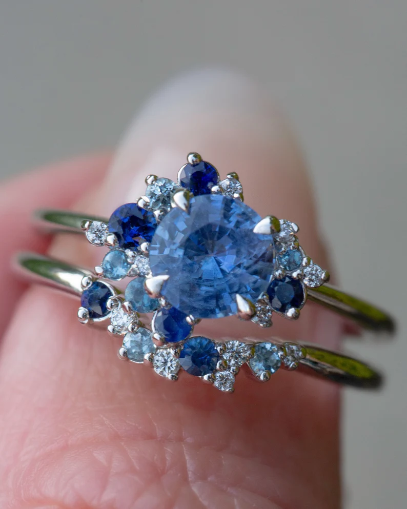 925 Sterling Silver Round Blue Sapphire Diamond Ring Set