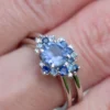 925 Sterling Silver Round Blue Sapphire Diamond Ring Set - Image 3