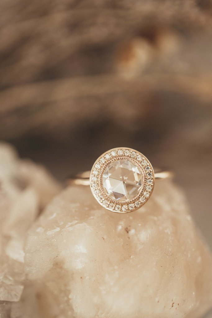 925 Sterling Silver Round Rose Cut Diamond with Halo Ring