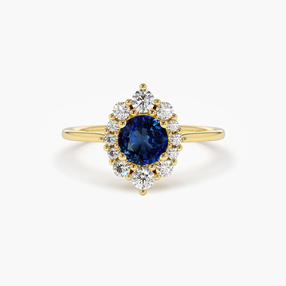 925 Sterling Silver Round Sapphire Halo Diamond Engagement Ring