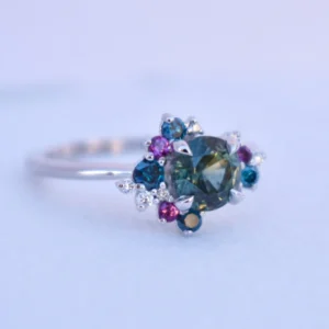 925 Sterling Silver Round Teal Sapphire Diamond Cluster Ring