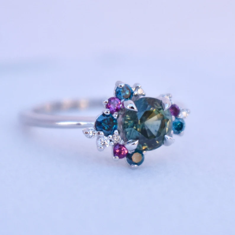 925 Sterling Silver Round Teal Sapphire Diamond Cluster Ring