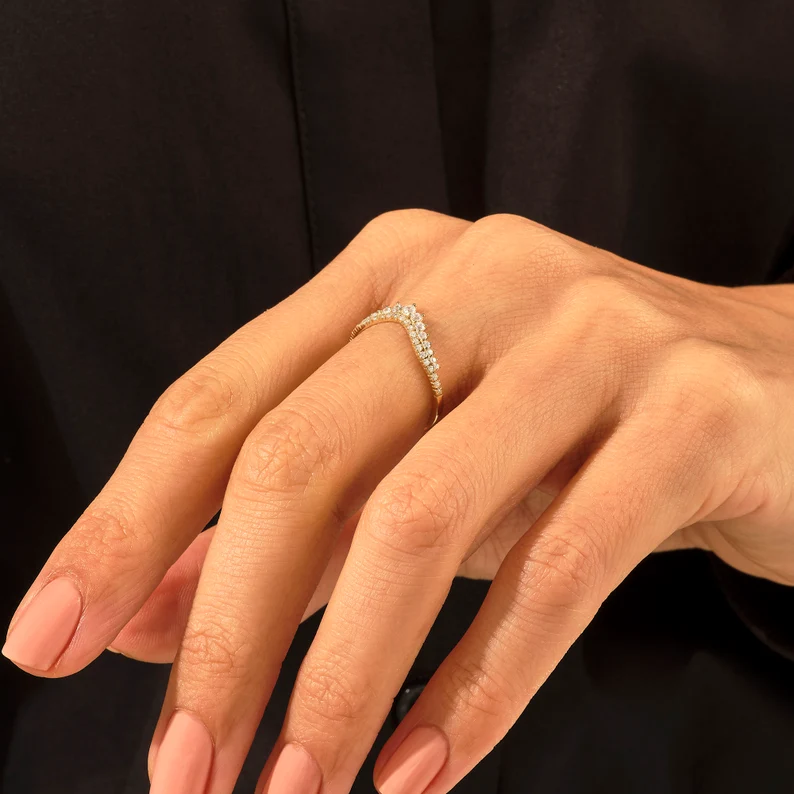 925 Sterling Silver Royal Curve Ring | Pave Tiny Real Diamond Ring | Chevron Ring