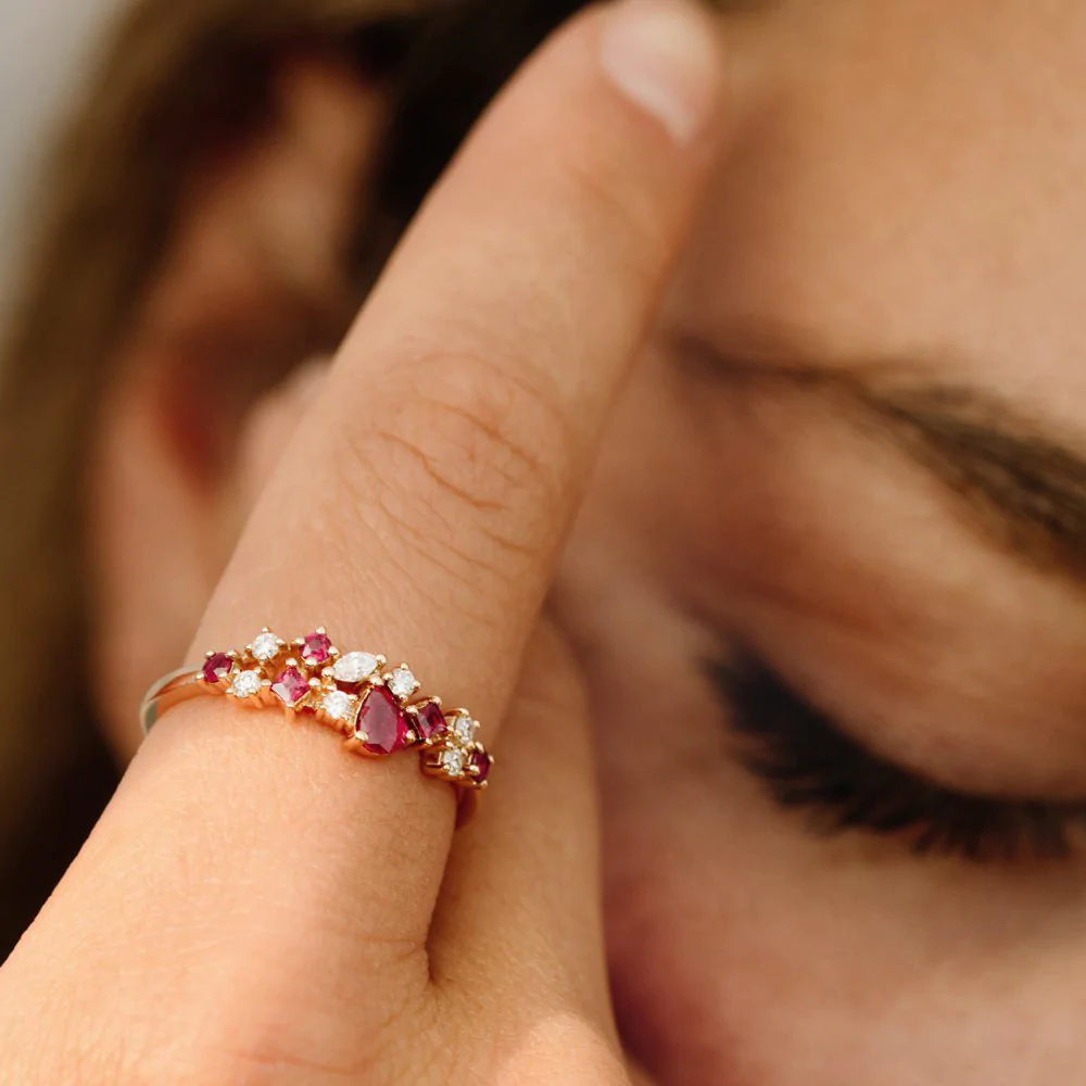 925 Sterling Silver Ruby and Diamond Mixed Shape Cluster Ring