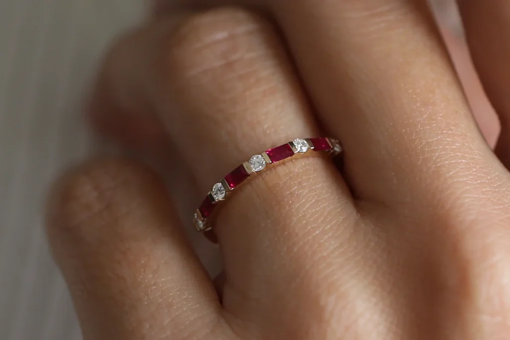 925 Sterling Silver Ruby Baguette and Diamond Stackable Wedding Ring