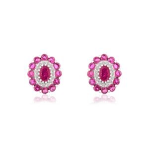 925 Sterling Silver Ruby Diamond Cluster Studs