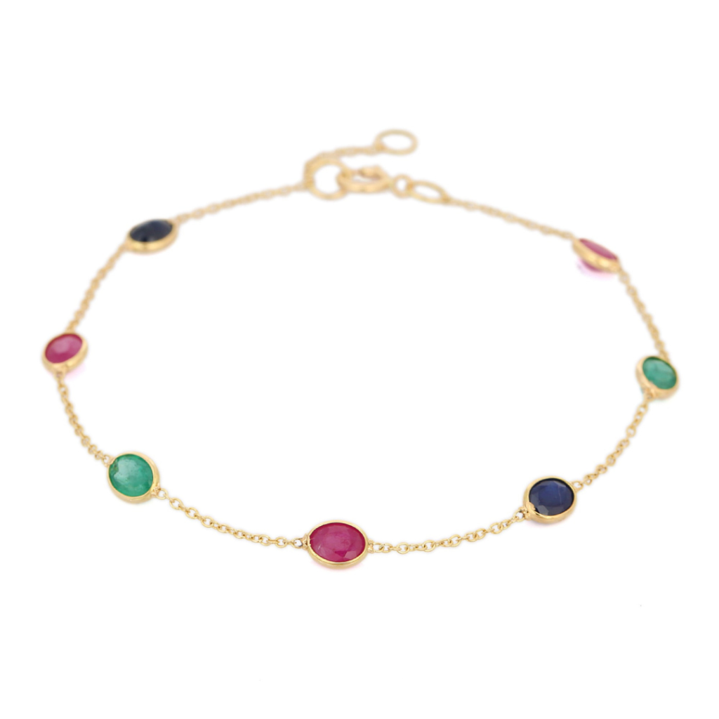925 Sterling Silver Ruby Emerald and Blue Sapphire Gemstone Bracelet