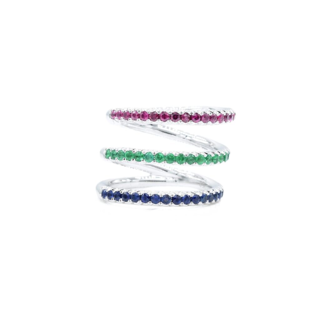 925 Sterling Silver Ruby, Emerald and Sapphire Triple Ring