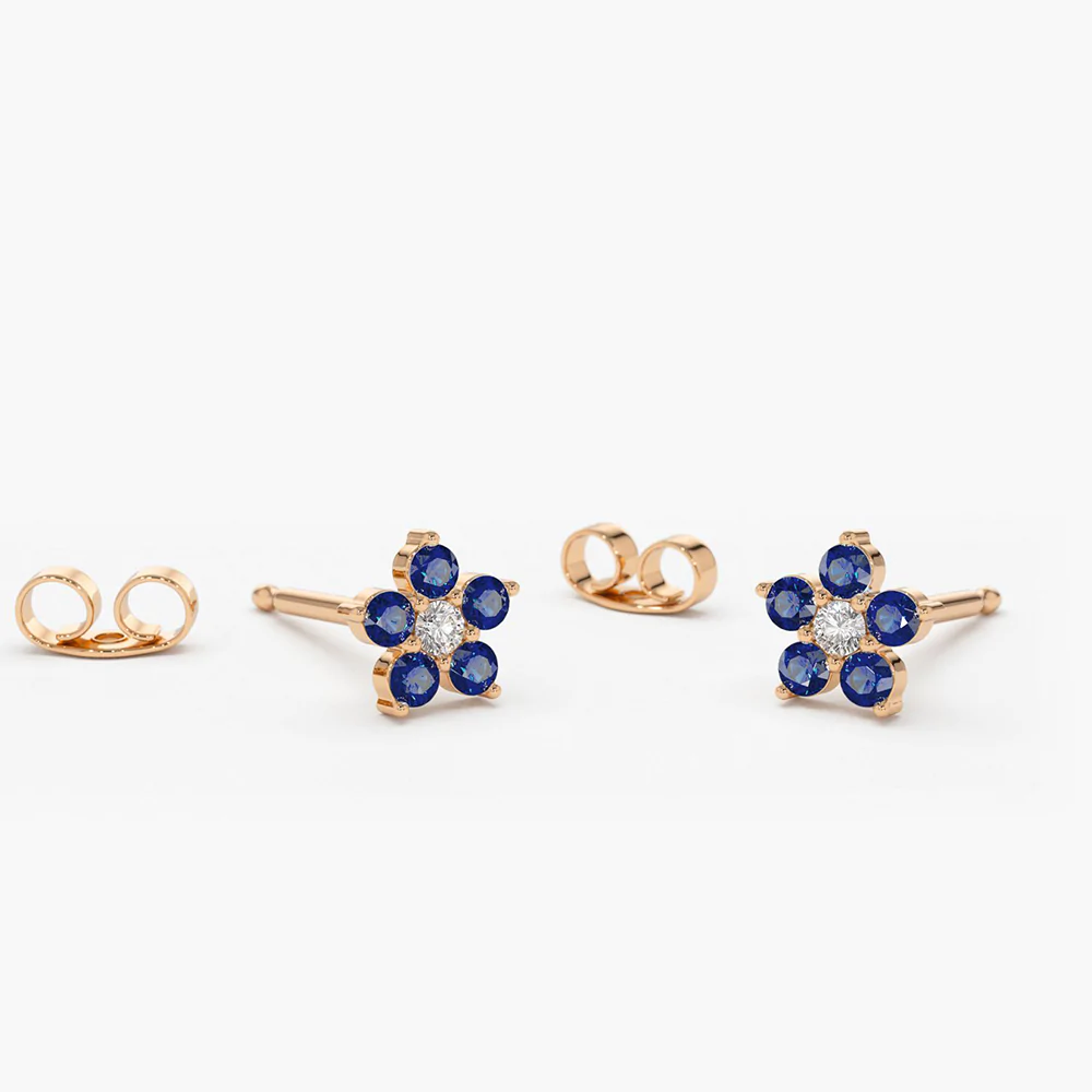 925 Sterling Silver Sapphire and Diamond Flower Studs