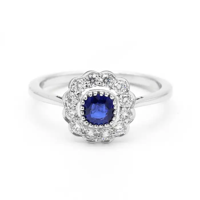 925 Sterling Silver Sapphire Cushion and Diamond Cluster Ring in Art-Deco Style