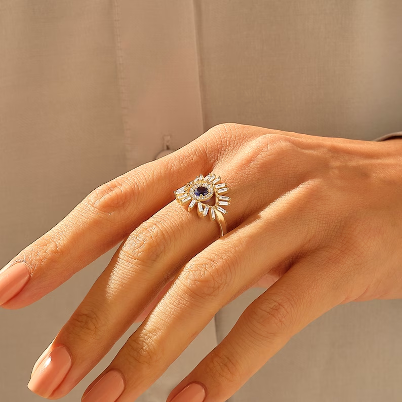 925 Sterling Silver Sapphire Diamond Evil Eye Ring