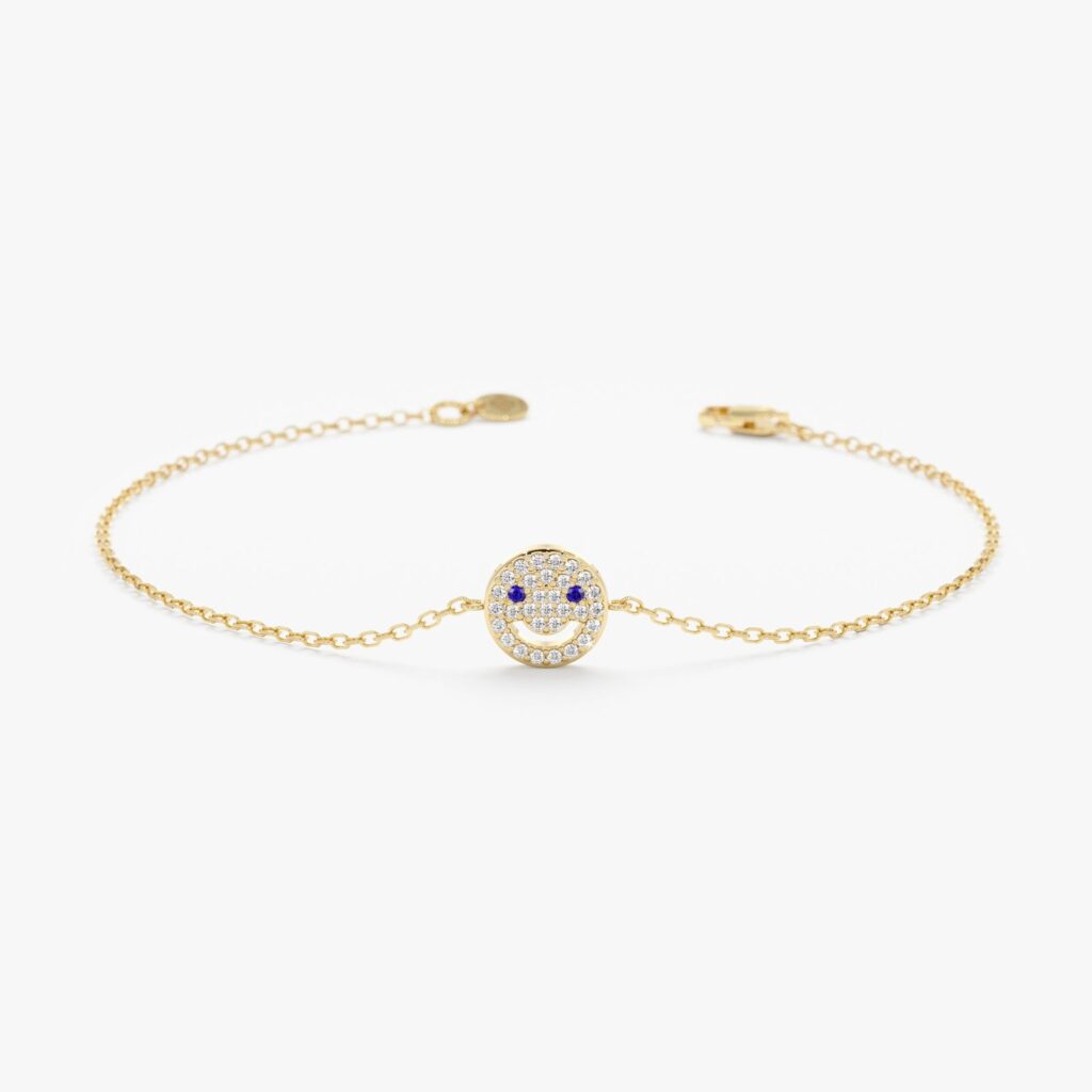 925 Sterling Silver Sapphire Diamond Happy Face Bracelet