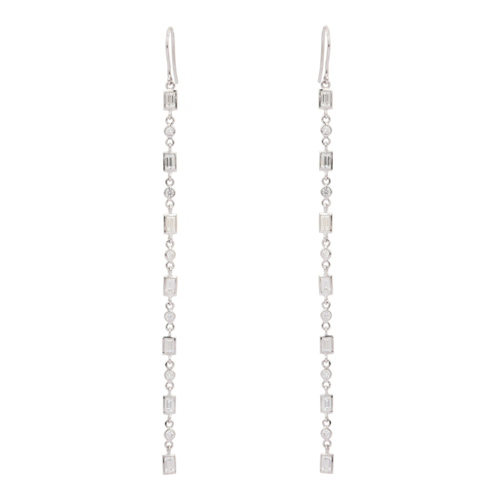 925 Sterling Silver Shoulder Baguette Diamond Duster Dangle Earrings