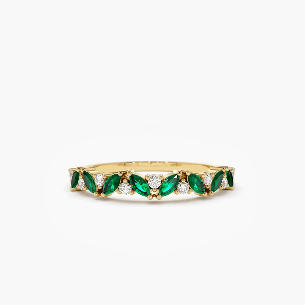 925 Sterling Silver Slanted Emerald and Round Diamond Ring