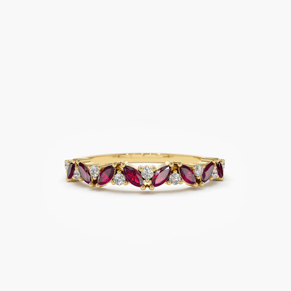 925 Sterling Silver Slanted Ruby and Round Diamond Ring