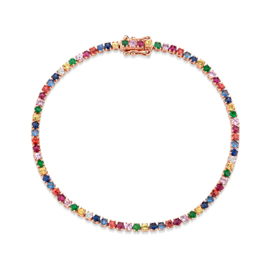 925 Sterling Silver Small Multi-Colored Fine Gemstone And Diamond Hepburn Bracelet