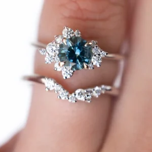 925 Sterling Silver Teal Blue Sapphire and Diamond Cluster Engagement Ring Set