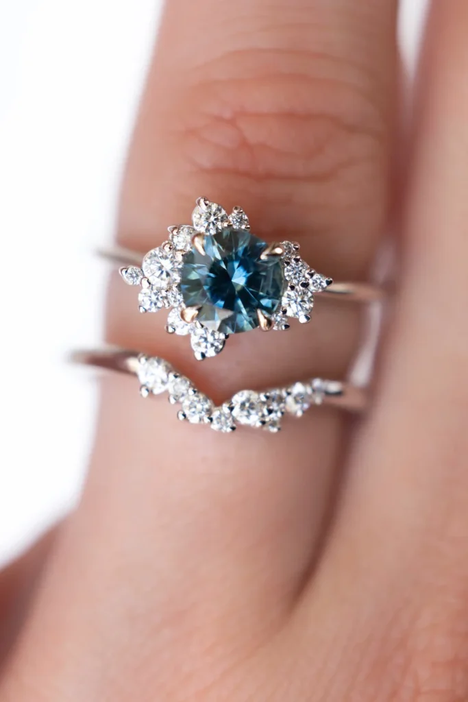 925 Sterling Silver Teal Blue Sapphire and Diamond Cluster Engagement Ring Set