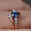 925 Sterling Silver Teal Blue Sapphire Engagement Ring Set