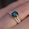 925 Sterling Silver Teal Green Sapphire and Diamond Engagement Ring Set - Image 4