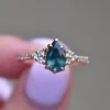925 Sterling Silver Teal Green Sapphire and Diamond Engagement Ring