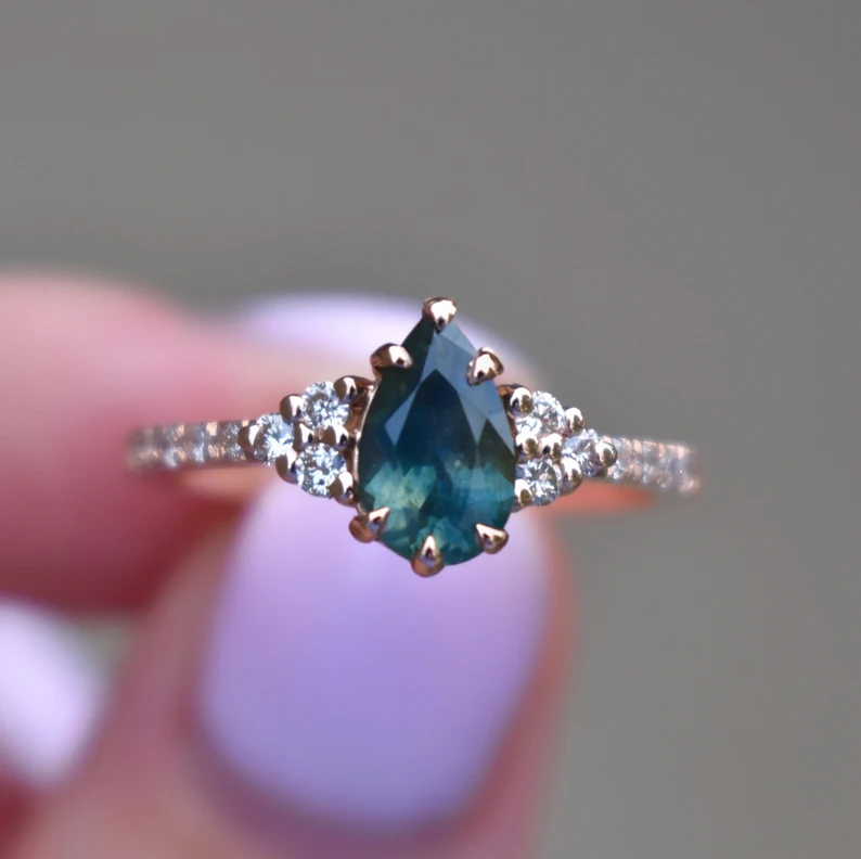 925 Sterling Silver Teal Green Sapphire and Diamond Engagement Ring