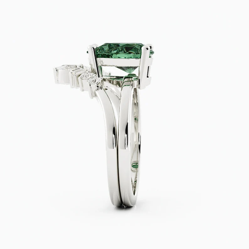 925 Sterling Silver Teal Green Sapphire Engagement Ring Set With Diamonds